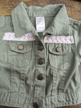 Nanette Lepore Girls Olive Green Cotton Trucker Jacket Lace Trim Boho Infant 12M